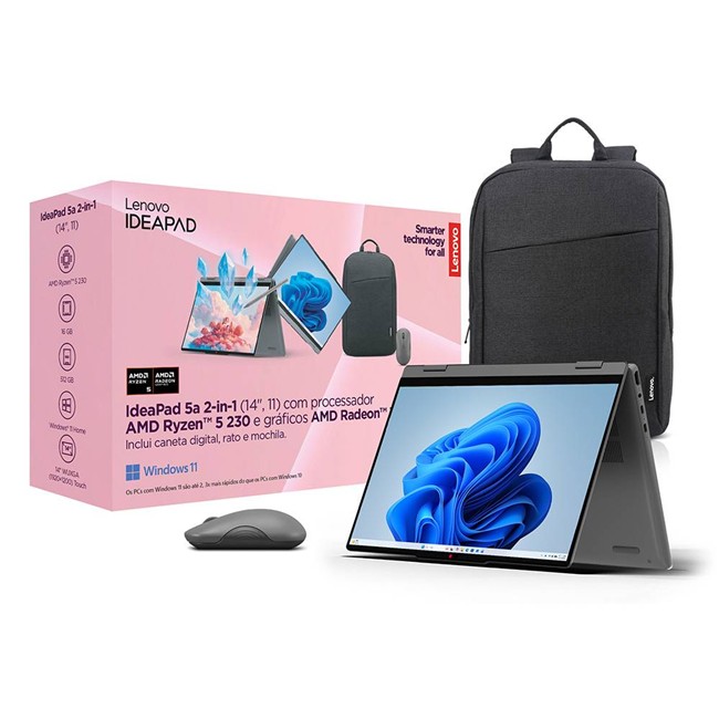 PORT LENOVO IDEAPAD 5A 2-IN-1 14AHP11-165  RYZEN 5 230 /16GB/512GB SSD 14  LUNA GREY WIN11H + RATO LENOVO 350 + MOCHILA B210 + CANETA